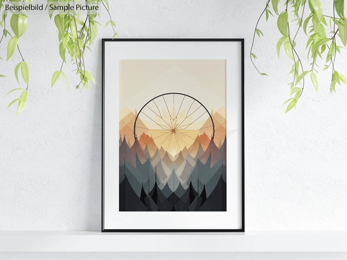 Framed abstract mountain art with geometric sunburst, hanging on a white wall, surrounded by green hanging plants.