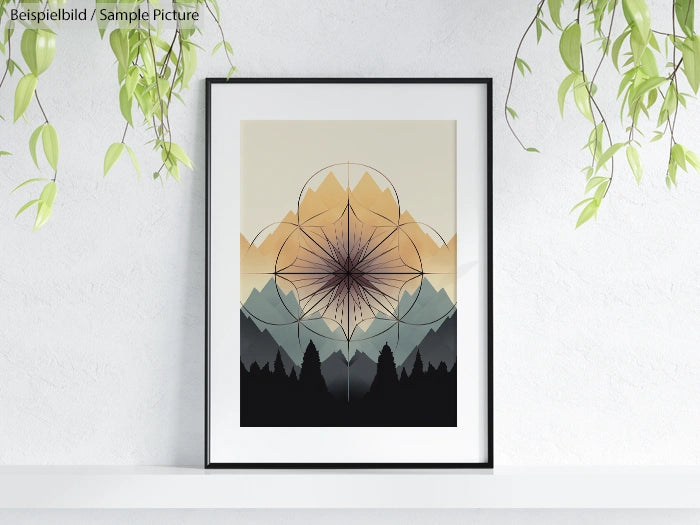 Framed geometric mountain art print with plants hanging above against a white wall.