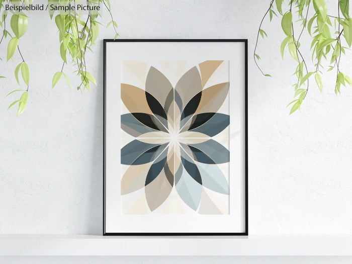 Framed abstract geometric art with overlapping leaf-like shapes in neutral tones, hung on a white wall with hanging plants.