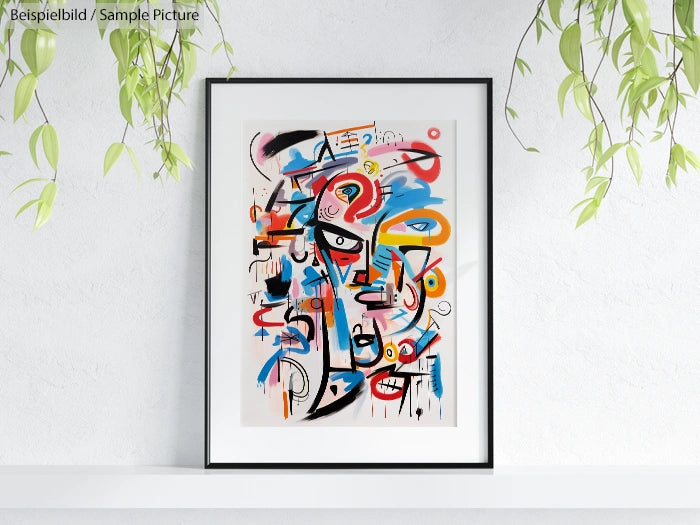 Framed abstract painting with colorful geometric shapes and lines, displayed on a wall beside hanging plants.