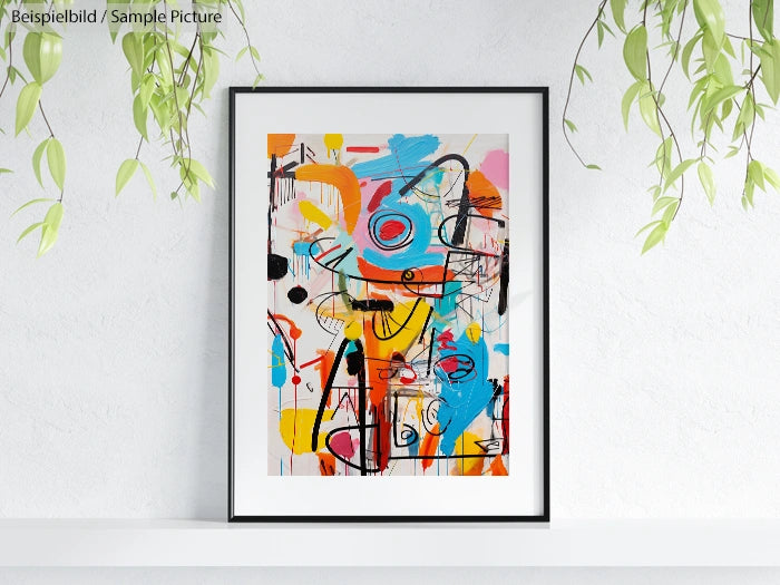 Framed abstract painting with colorful brushstrokes, black lines, and geometric shapes, displayed on a white wall.