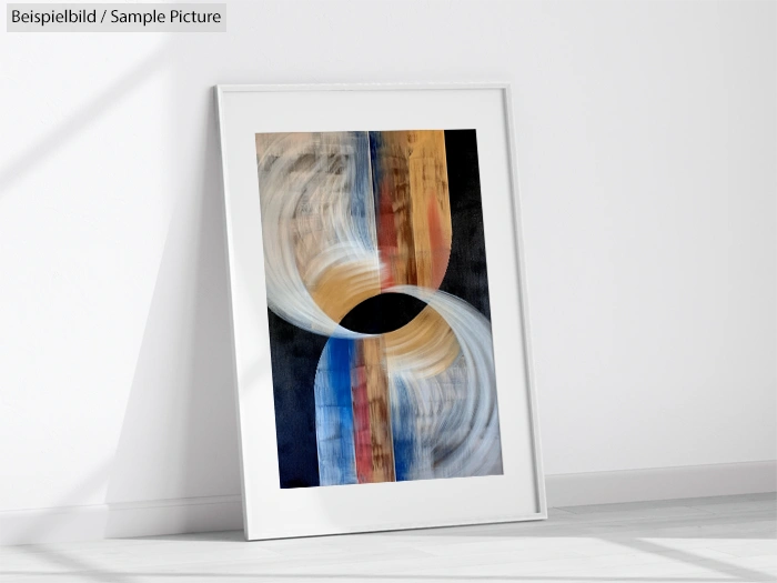 Framed abstract painting with circular blue, orange, and white swirls on a black background.