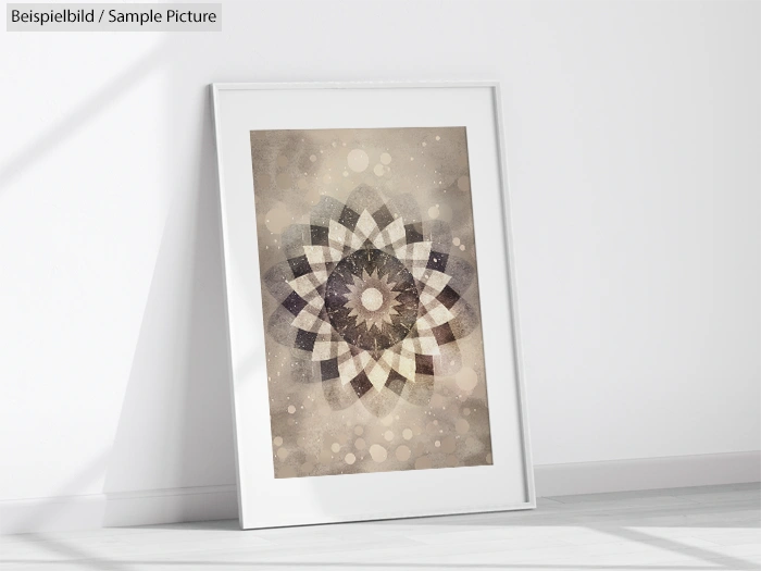 Decorative framed geometric artwork with circular pattern leaning against a white wall on the floor.