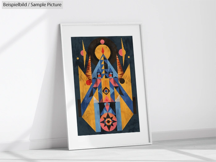 Framed abstract art print with geometric shapes in blue, orange, and pink against a dark background on a light floor.