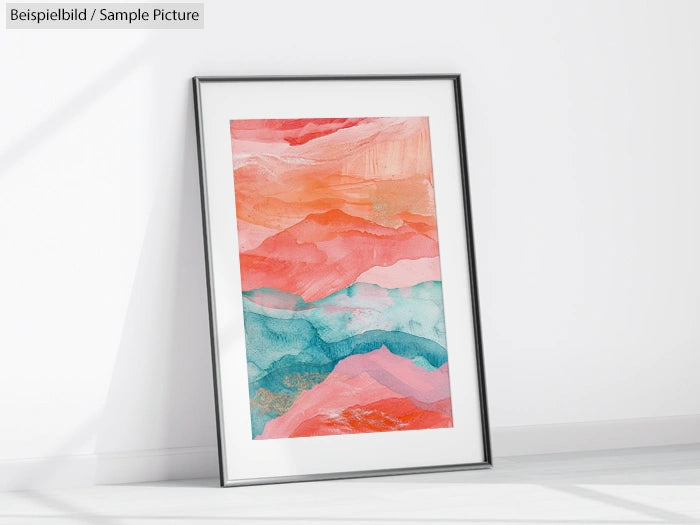 Framed abstract painting with layers of red, orange, and teal brushstrokes, leaning against a white wall.