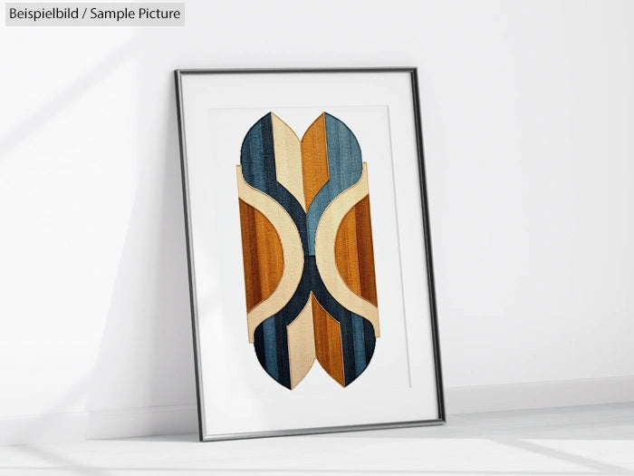 Framed abstract geometric artwork with blue, orange, and beige shapes on a white background.