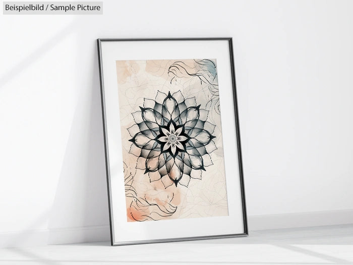 Framed mandala artwork on floor, placed against a white wall with soft shadow effect.