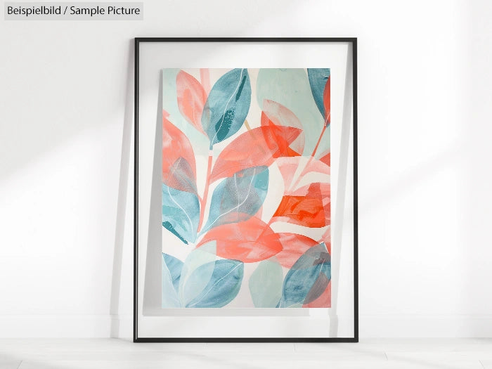 Framed abstract painting with blue and red leaves against a white wall.