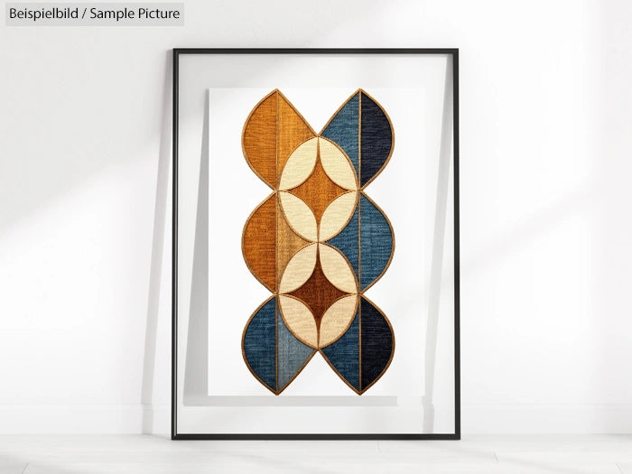 Framed geometric artwork with overlapping leaf shapes in brown, beige, and blue tones on a white background.