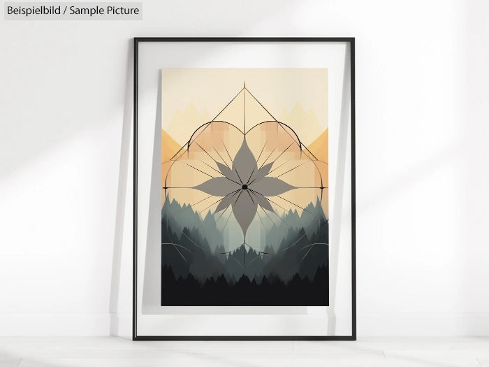 Framed geometric art print with mountain and leaf design, set against a minimalist white wall.