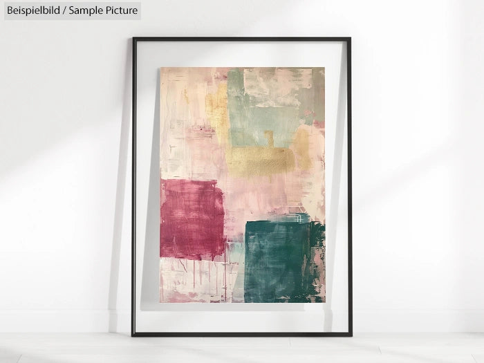 Framed abstract painting with pink, teal, and gold geometric shapes on a textured, neutral background.