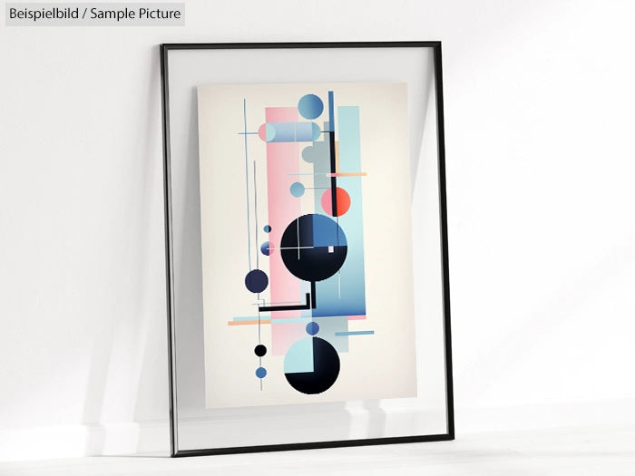 Framed abstract art print with geometric shapes in pastel colors on a white background.