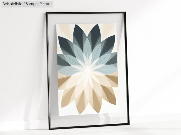 Framed abstract geometric artwork with overlapping leaf shapes in blue, gray, and beige tones.