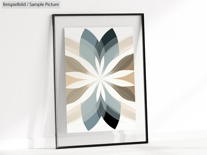 Framed abstract painting with symmetrical leaf-like shapes in beige, blue, and black hues against a white background.