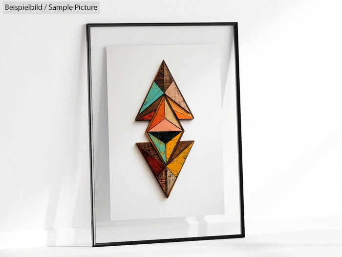 Framed abstract artwork of colorful geometric shapes on a white background.