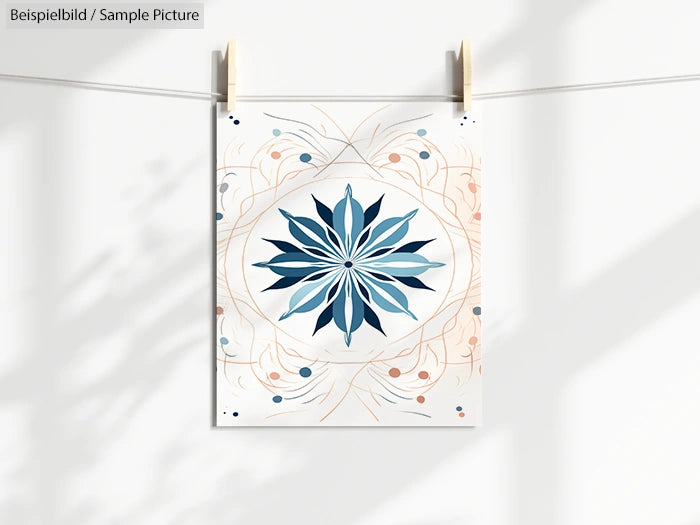 Mandala artwork with blue and beige floral and spiral patterns, hanging on a clothesline with pins.