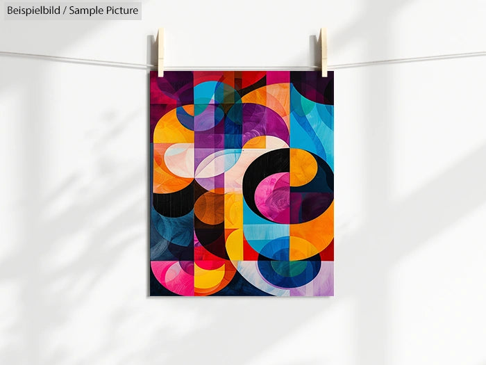 Geometric abstract art with vibrant overlapping circles in blue, orange, purple, and red hues.