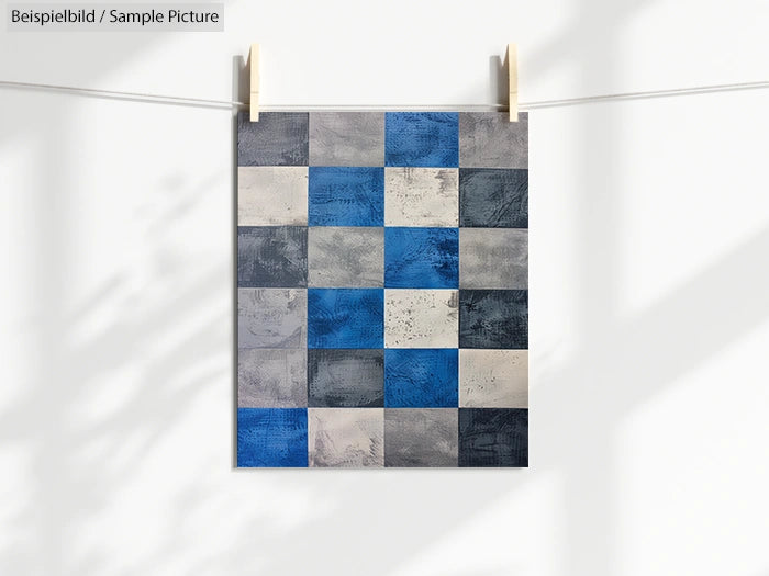 Square grid painting with blue, gray, and white squares on a neutral background, hanging on a string with clips.