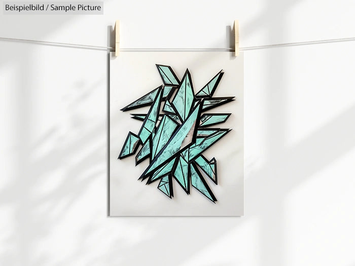 Abstract artwork with sharp geometric shapes in teal and black on paper hung by clothespins.