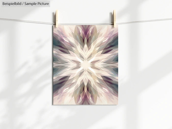 Abstract geometric artwork with symmetrical leaf patterns in muted colors, hanging on a string with wooden clips.