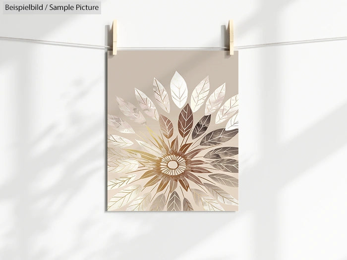 Poster with a radial pattern of autumn leaves in neutral tones, hanging on a line with clothespins.