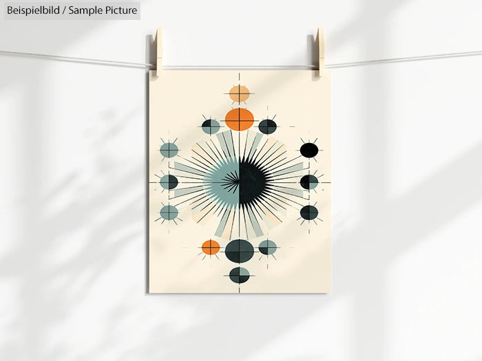 Geometric artwork with colored circles and radiating lines on a beige background, clipped to a clothesline.