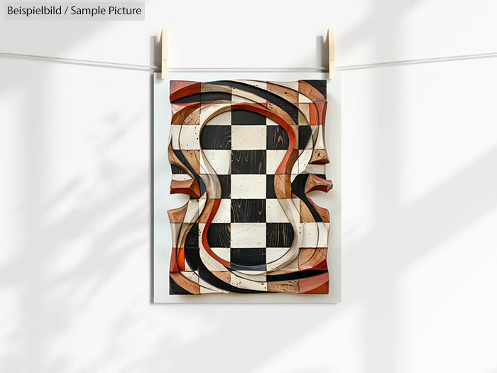 Surreal artwork with abstract faces and checkerboard pattern hanging on a line.