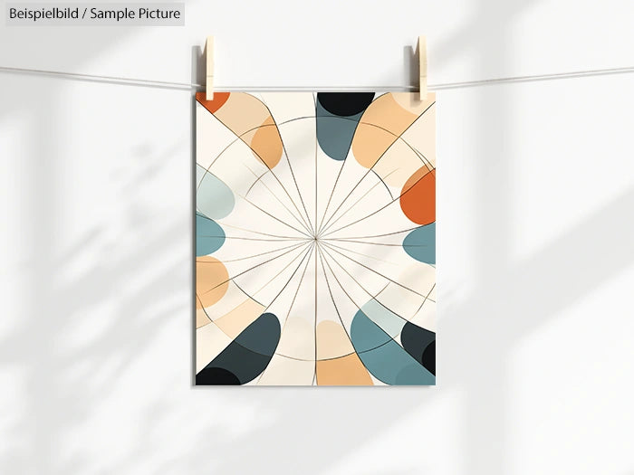 Geometric print with colorful semicircles on a line grid, hanging on a clothesline by wooden pegs.