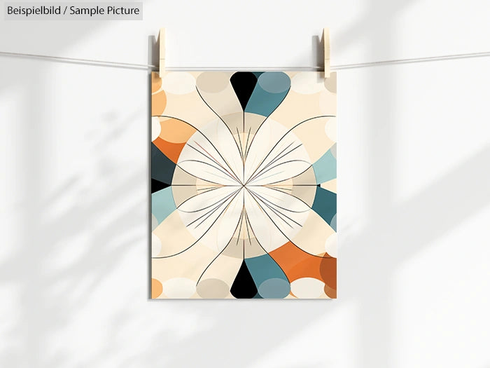 Geometric art print with curved lines in cream, teal, and orange hues clipped on a string against a white wall.