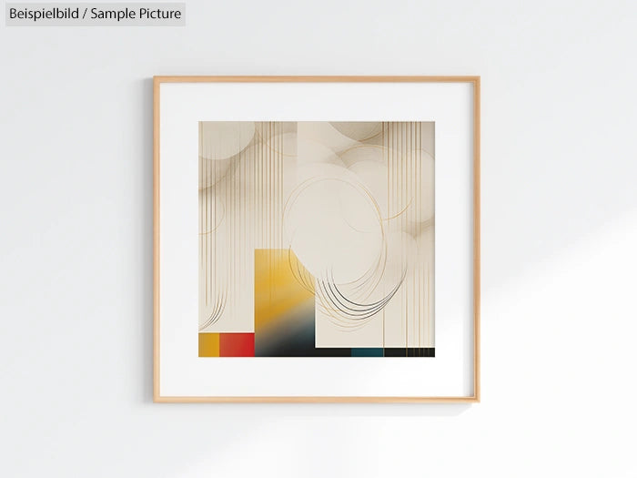 Framed abstract art with geometric lines and circles in muted colors, featuring red, yellow, and black accents.