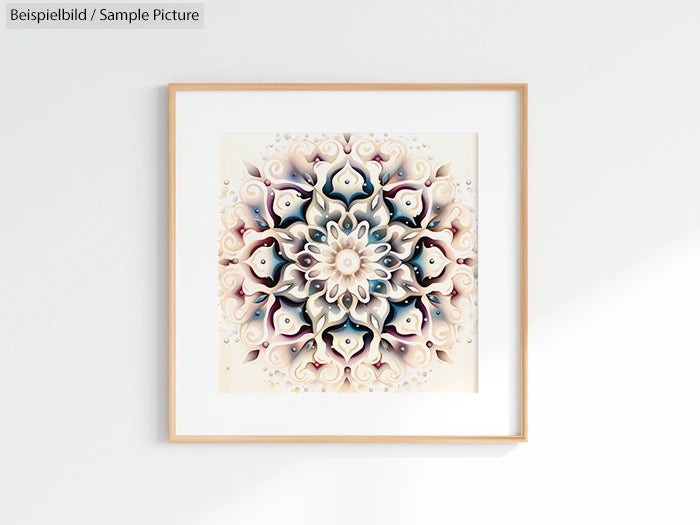 Framed abstract art with a symmetrical floral mandala pattern in soft pastel colors on a light background.