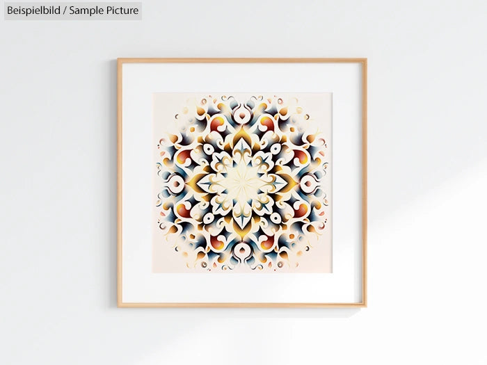 Framed abstract artwork with intricate starburst pattern in muted colors on a light wall background.