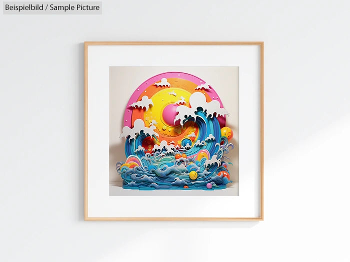 Framed vibrant paper art depicting a colorful ocean wave under a pink and yellow sun with clouds.