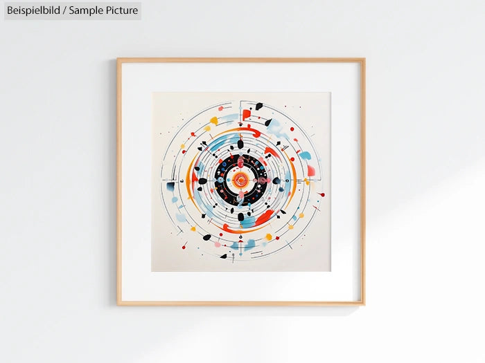 Framed abstract artwork with concentric circles and colorful splashes on a white background.