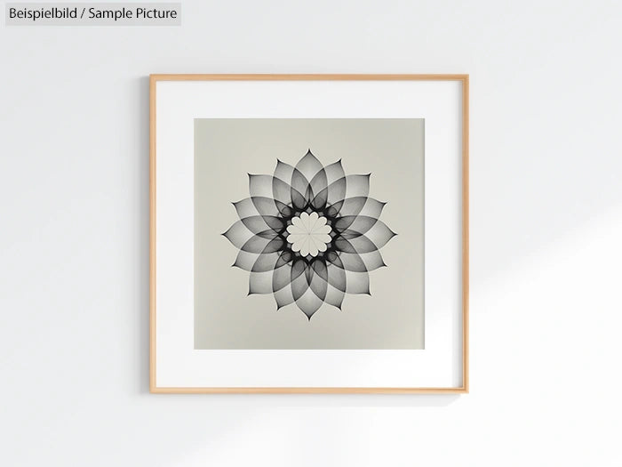 Framed black and white geometric flower art on a light-colored wall.