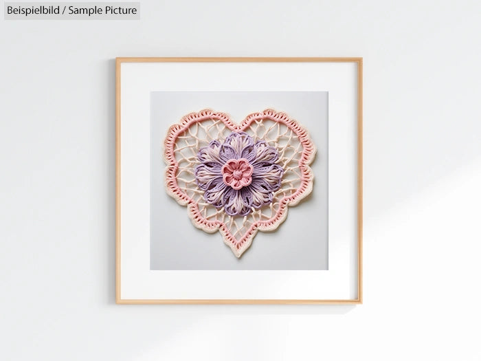 Framed artwork of a heart-shaped floral design with pink and purple tones.