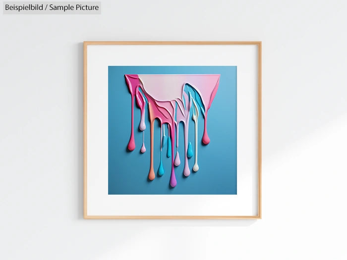 Framed artwork of colorful paint drips on a square canvas against a pastel blue wall.