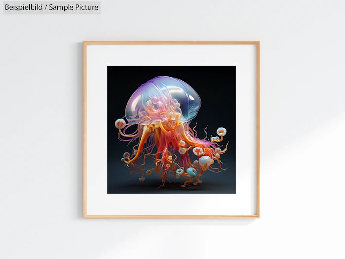 Framed artwork of a vibrant, abstract jellyfish on a plain wall.