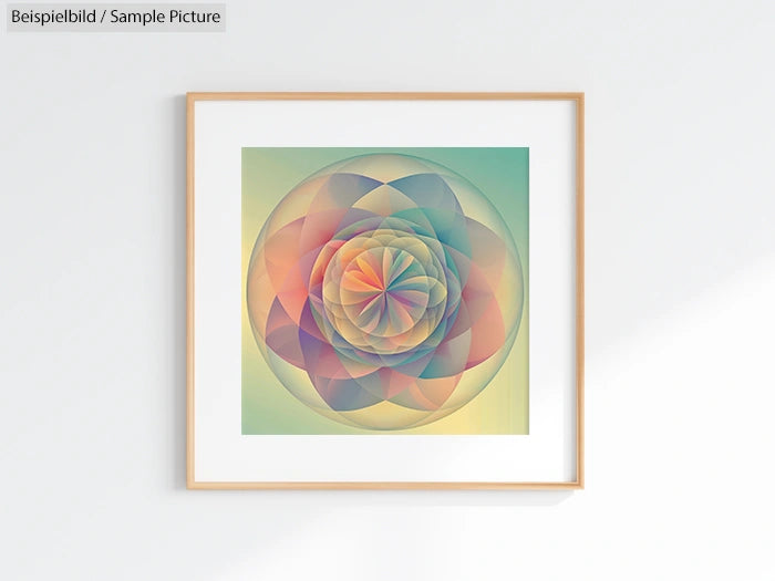 Abstract geometric art print with concentric colorful shapes in a wooden frame on a white wall.