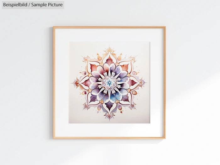 Framed mandala artwork with intricate floral and geometric design in soft pastel colors.