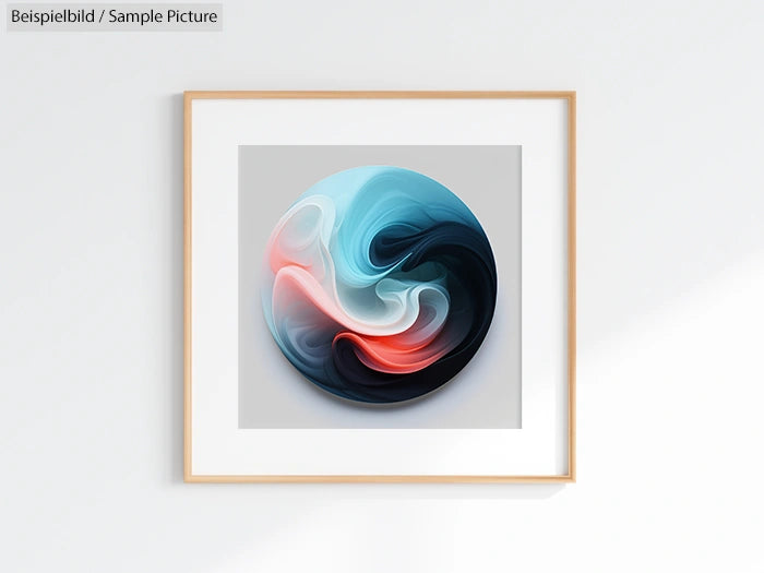 Framed abstract artwork with swirling blue, red, and white colors on a gray background.