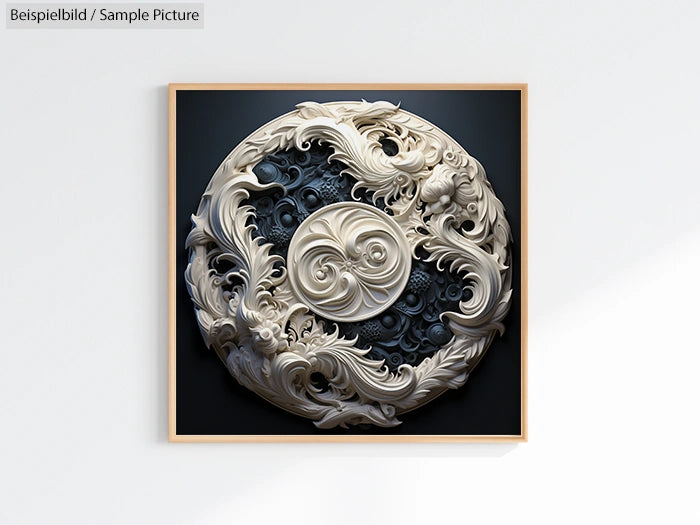 Intricate circular sculpture with ornate swirling patterns in a wooden frame on a light wall.