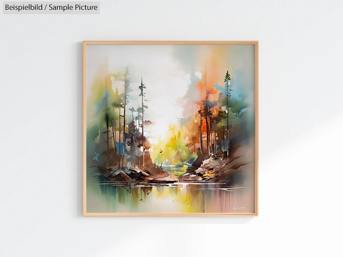 Vibrant landscape painting with trees and a reflective river, framed and hung on a white wall.