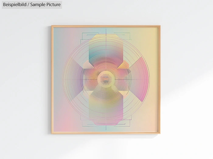 Framed abstract artwork with pastel rainbow circular patterns on a light background.