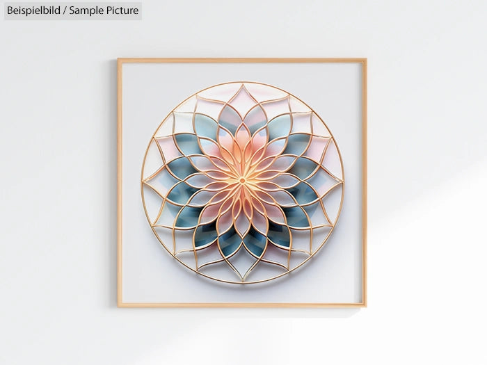 Geometric wall art with gradient pastel colors in a circular pattern of overlapping petal shapes framed in gold.