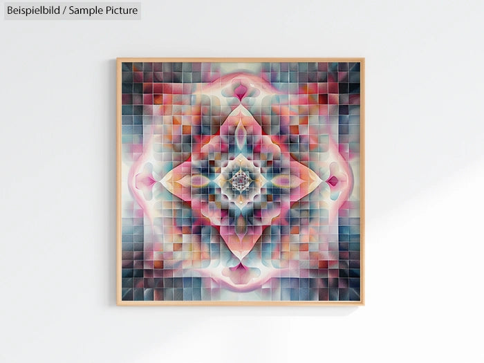 Abstract geometric artwork with colorful symmetrical design in blue, pink, and orange hues.