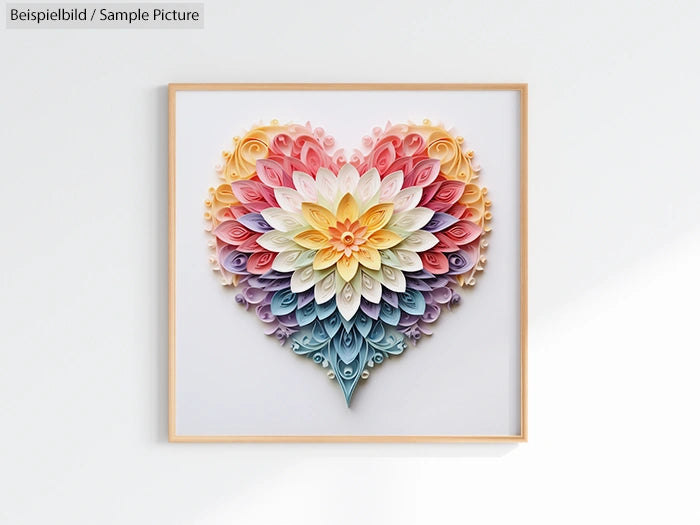 Framed heart-shaped paper quilling art with vibrant, rainbow-colored spirals and layers on a white background.