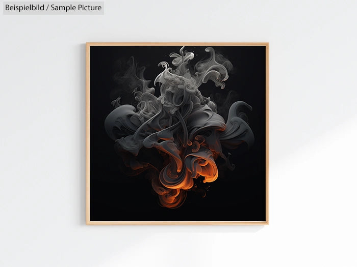 Framed abstract artwork with swirling gray and orange smoke on a dark background.