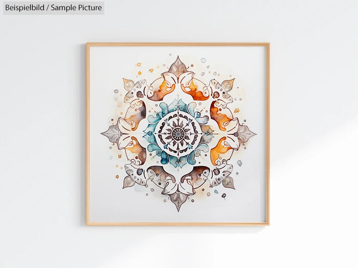 Framed abstract mandala art with floral patterns in blue, orange, and brown hues, set against a light background.