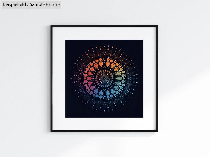 Framed mandala art with intricate patterns, featuring a gradient of blue, purple, and orange hues on a black background.